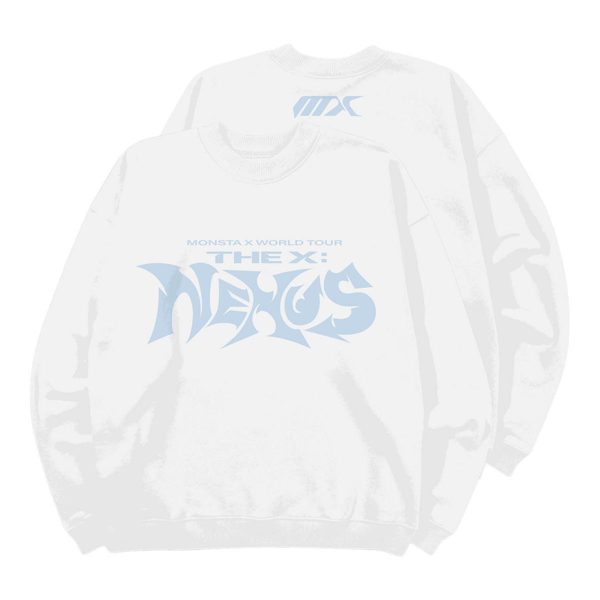 A white crewneck sweatshirt featuring a light blue graphic print on the front that reads 'MONSTA X WORLD TOUR THE X: NEXUS', with a matching light blue 'MX' logo printed inside the back collar.