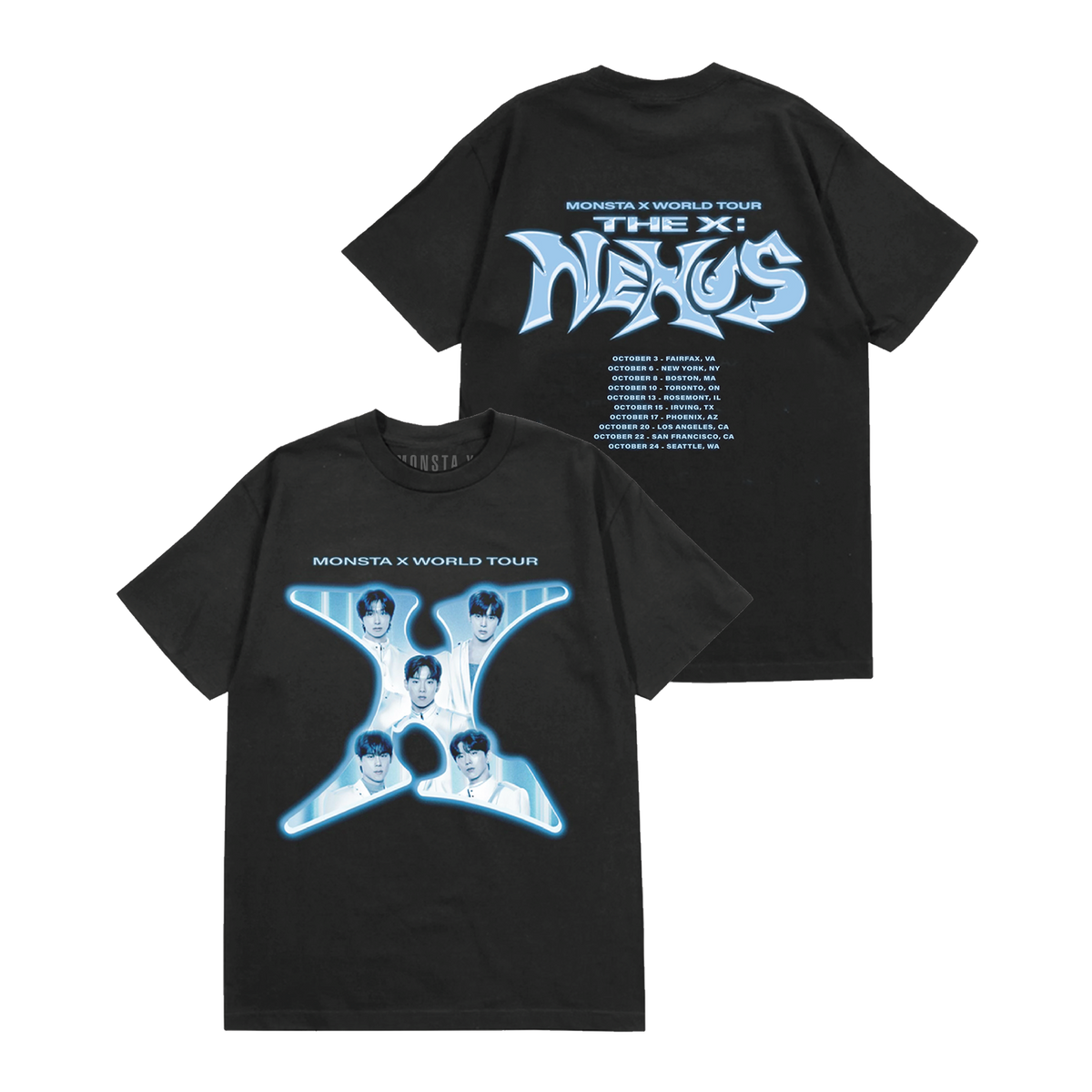 Black short-sleeve T-shirt shown from both front and back, featuring a large light blue and white 'THE X: NEXUS' graphic on the front and a smaller matching graphic with text on the back.