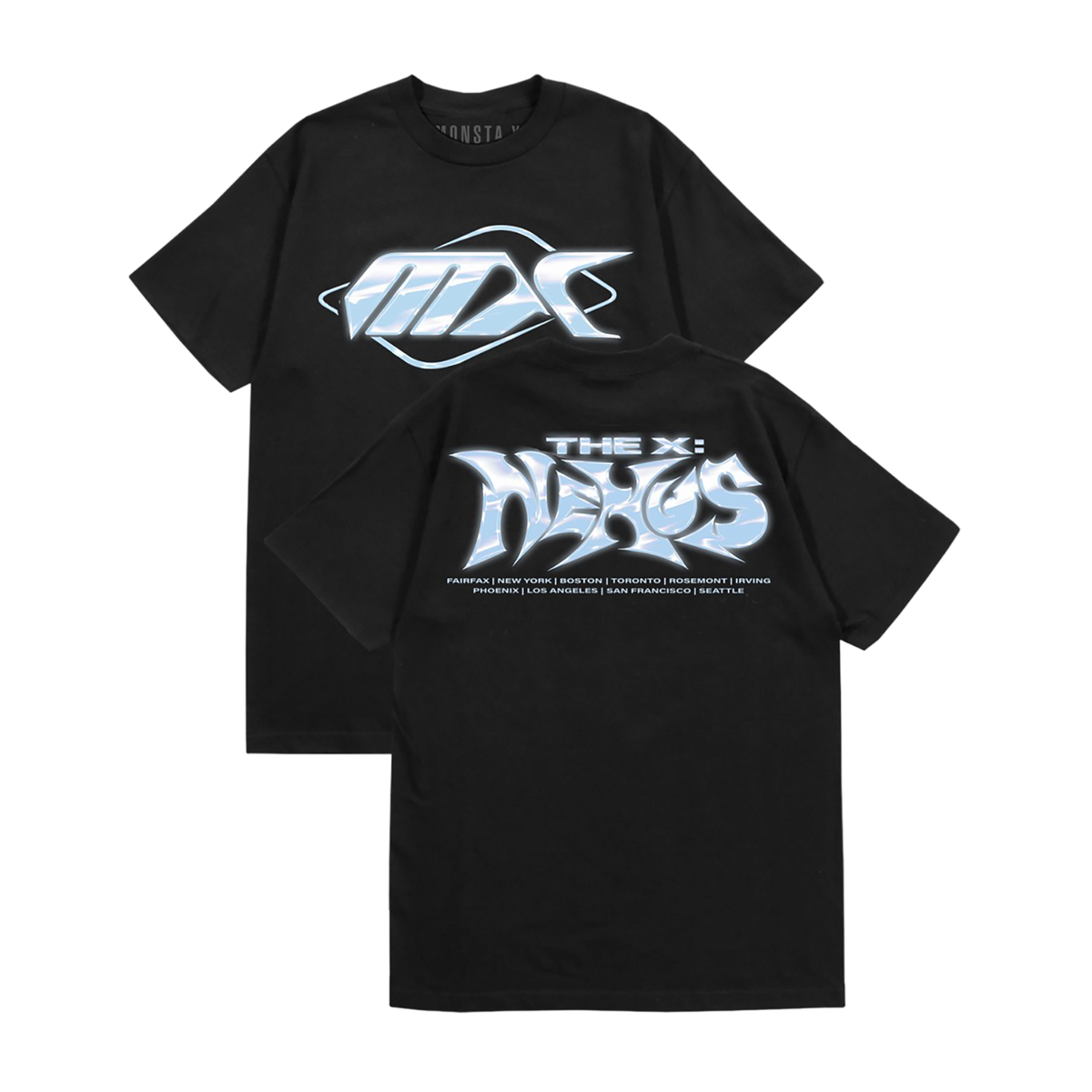 Two black short-sleeve T-shirts shown on a black background, with the front and back views overlapping. The front features a large stylized silver and white 'MX' logo across the chest.