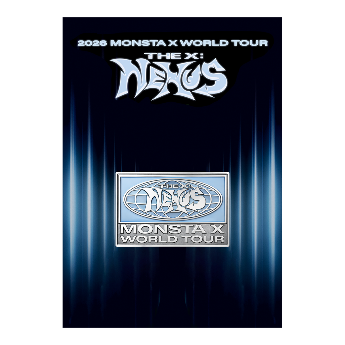 A collectible enamel pin for the 2026 Monsta X World Tour, shown on its dark blue backing card. The pin features a silver border and a light blue background with the 'Monsta X World Tour' logo in the center.