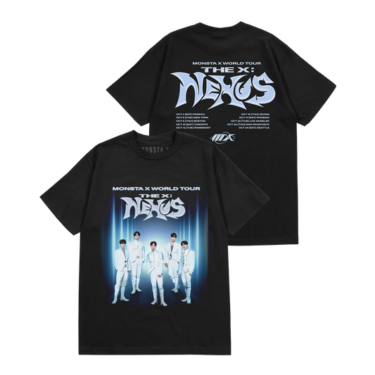 Black short-sleeve T-shirt shown from both front and back on a plain white background. The front features a large graphic print with the text 'MONSTA X WORLD TOUR THE X: NEXUS' above an image of five members in white suits against a blue light effect.