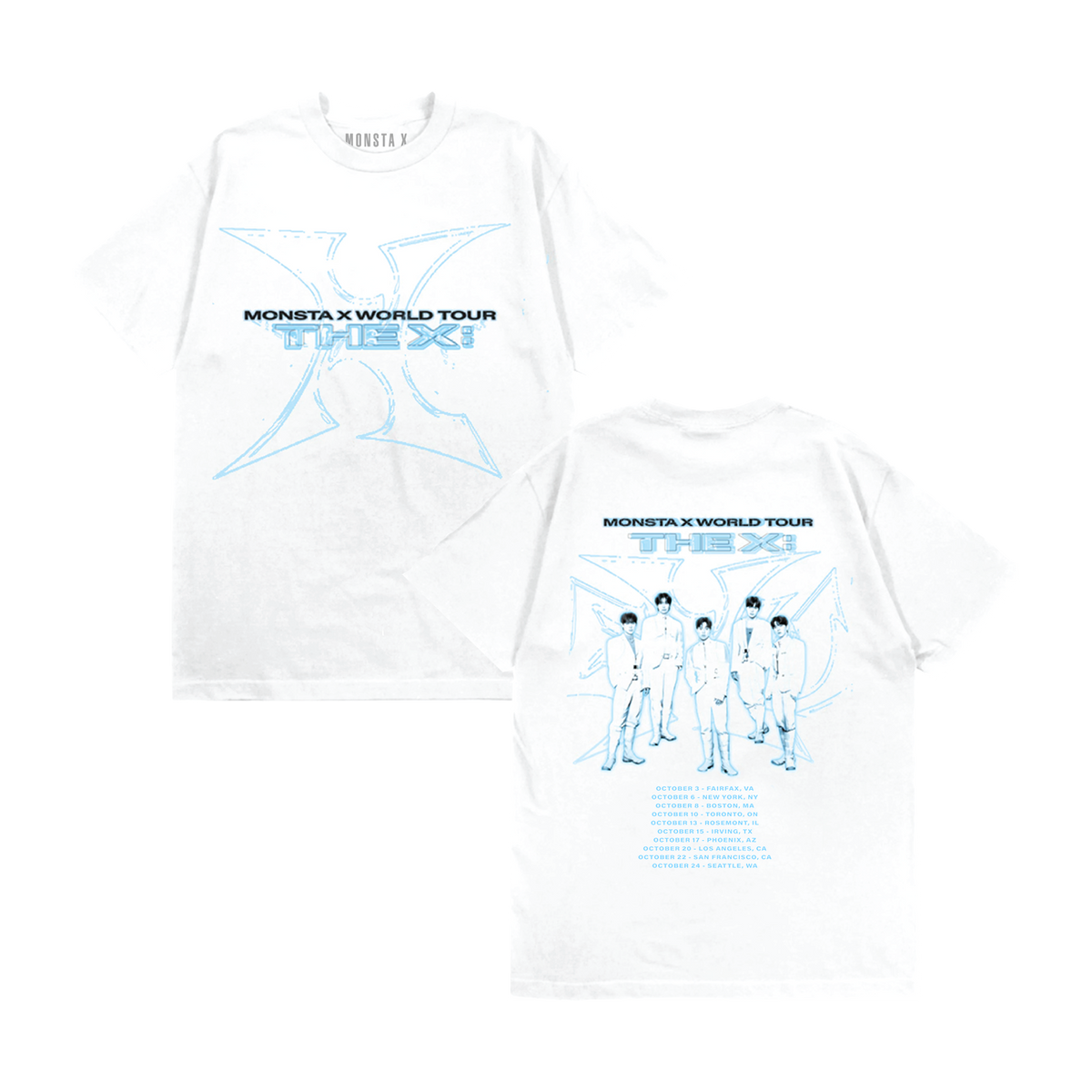 White short-sleeve T-shirt shown from both front and back on a plain white background. The front features a large light blue outlined 'X' graphic with 'MONISTA X WORLD TOUR THE X' text across the chest.
