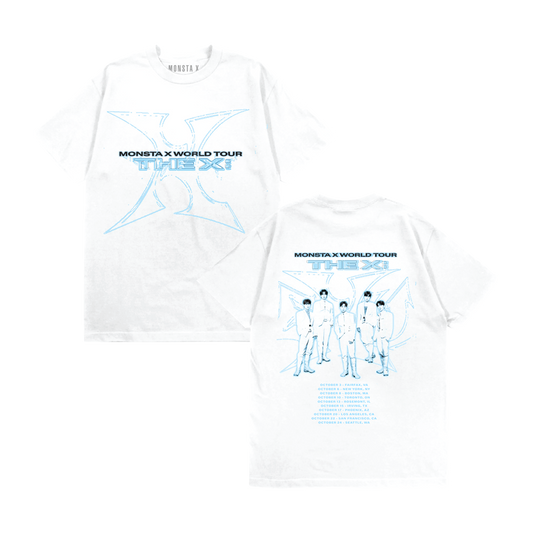 White short-sleeve T-shirt shown from both front and back on a plain white background. The front features a large light blue outlined 'X' graphic with 'MONISTA X WORLD TOUR THE X' text across the chest.