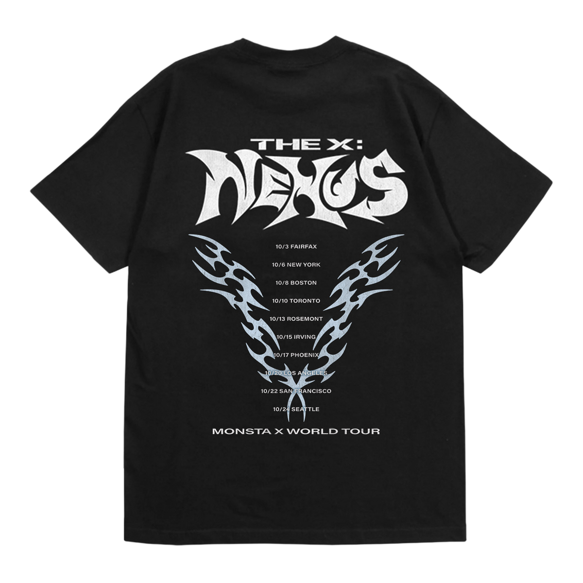 A black short-sleeve t-shirt shown from the back, featuring a large white graphic print for 'THE X: NEXUS' and a 'MONSTA X WORLD TOUR' tour schedule with a stylized winged 'X' logo.