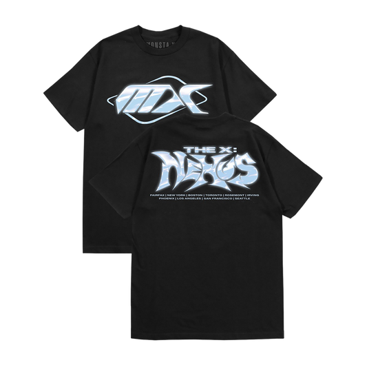 Two black short-sleeve T-shirts shown on a black background, with the front and back views overlapping. The front features a large stylized silver and white 'MX' logo across the chest.
