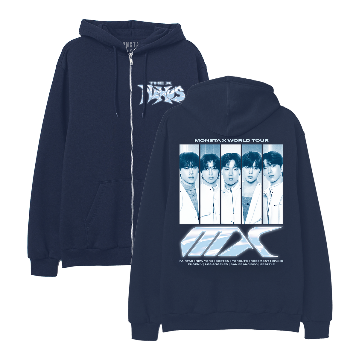 A navy blue zip-up hoodie shown from both front and back. The front features a white 'MONSTA X' logo on the chest, and the back displays a large white and light blue graphic with a group photo of the members and 'MONSTA X WORLD TOUR' text.