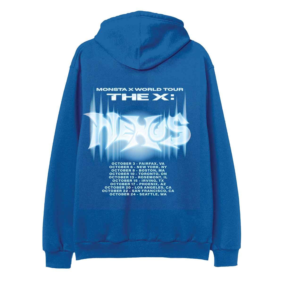 A royal blue hoodie shown from the back, featuring a large white and light-blue graphic print for the 'Monsta X World Tour The X: Nexus' tour dates.