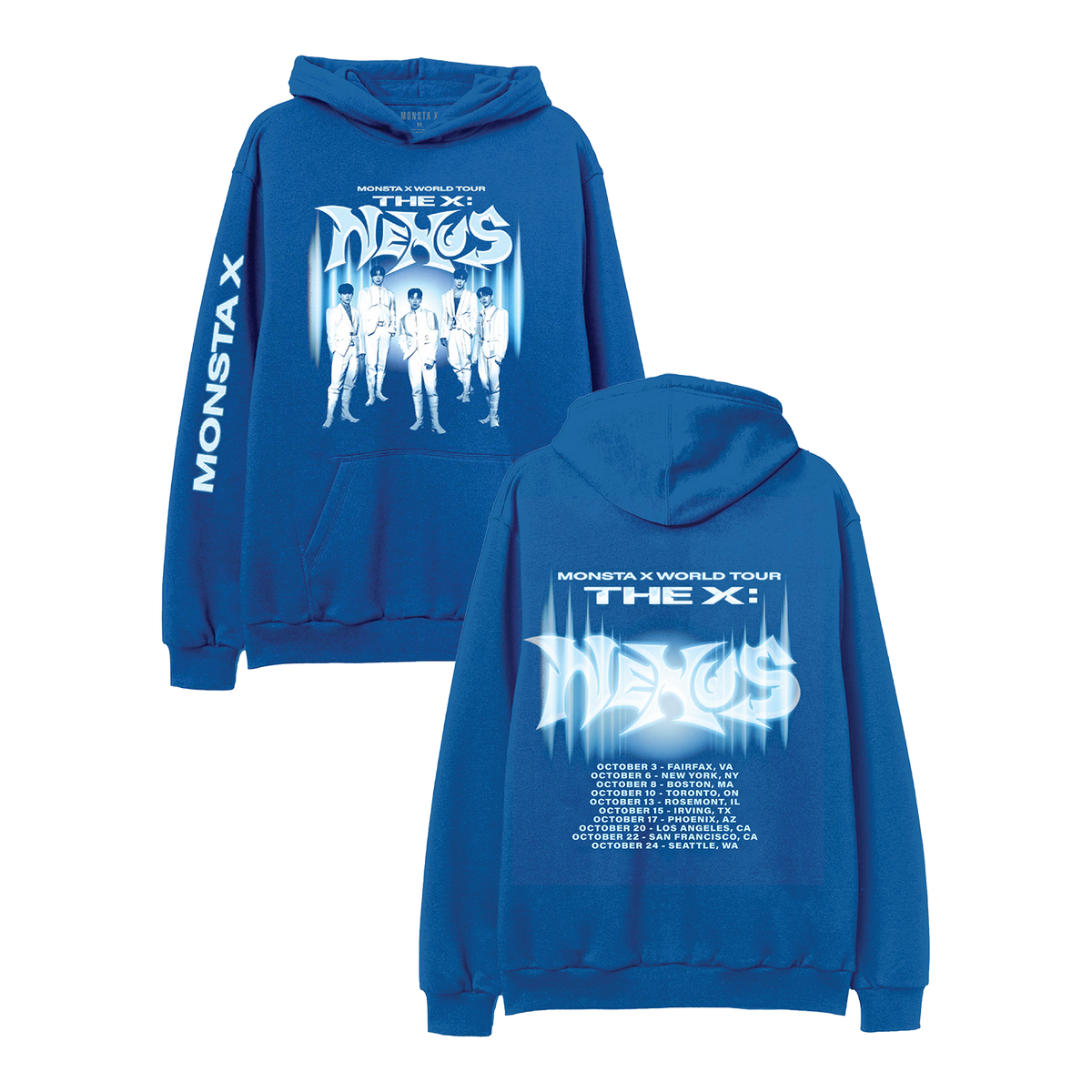 A royal blue hoodie shown from both front and back, featuring white and light blue graphic prints for the band MONSTA X and their 'THE X: NEXUS' world tour. The front displays the band members and logo, while the back shows the tour dates and a large NEXUS graphic.