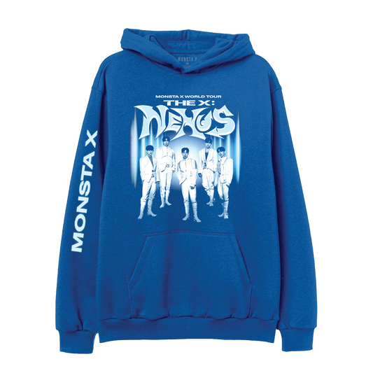 A royal blue pullover hoodie featuring a large graphic print on the front with the text 'MONSTA X WORLD TOUR THE X' and a stylized group photo in white and light blue. The word 'MONSTA X' is printed vertically in white on the left sleeve.