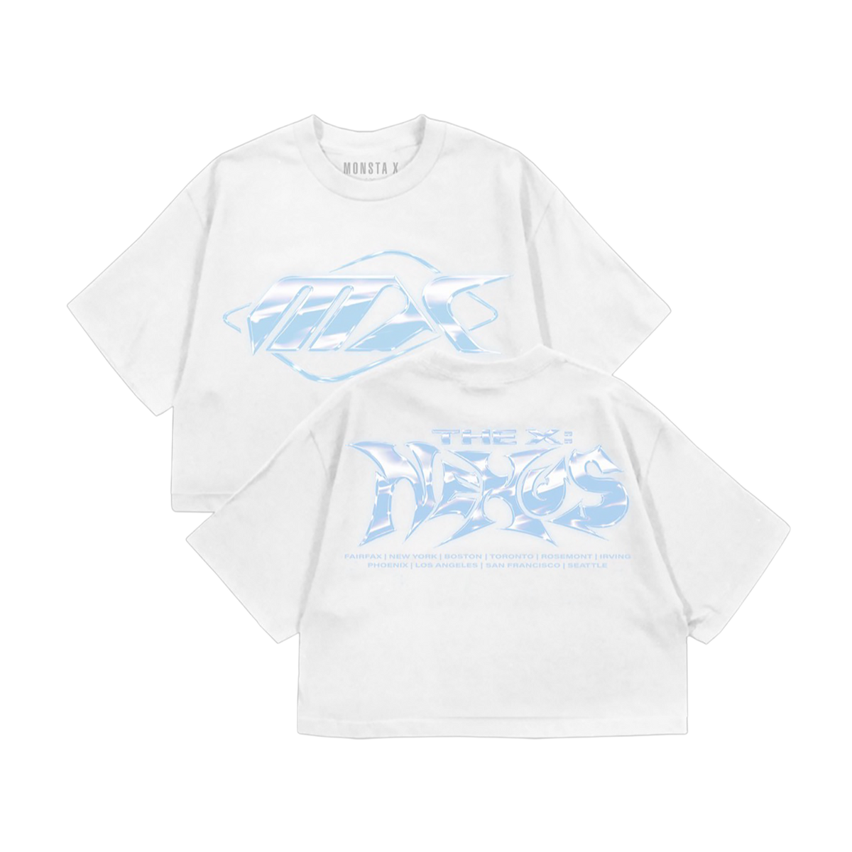 Two white short-sleeve T-shirts shown on a black background, with the front and back views overlapping. The shirts feature a large light blue stylized graphic and text reading 'THE X: NEXUS' across the back, with smaller text below.