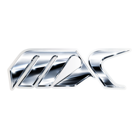 A polished chrome metallic emblem featuring stylized lettering, isolated on a solid white background.