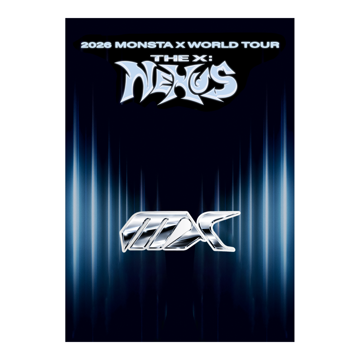 A collectible pin for the 2026 Monsta X World Tour featuring the 'The X: NE:US MAX' logo. The backing card design has a dark navy blue background with vertical blue light streaks and metallic silver text and logo elements.