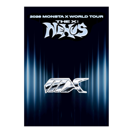 A collectible pin for the 2026 Monsta X World Tour featuring the 'The X: NE:US MAX' logo. The backing card design has a dark navy blue background with vertical blue light streaks and metallic silver text and logo elements.