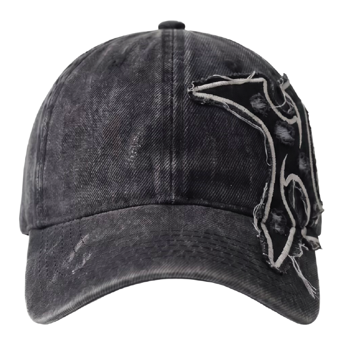 A black acid-wash distressed baseball cap featuring a large, frayed, abstract embroidered patch on the side, shown against a plain white background.